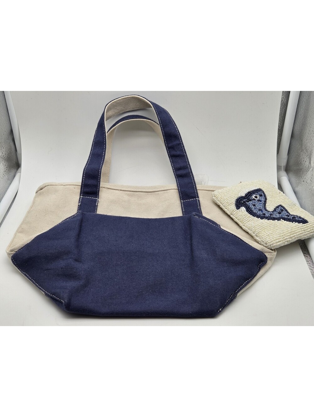 NWT TJ Maxx Canvas Whale Tote Bag Beaded Navy Beach Shopper Purse Zip Pouch - Picture 4 of 7